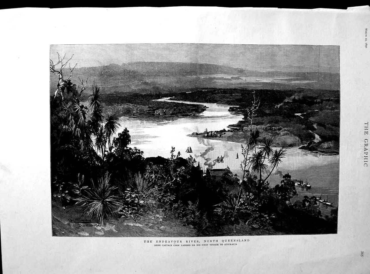 Old Antique Print 1890 Endeavour River Queensland Australia Captain Cook 19th