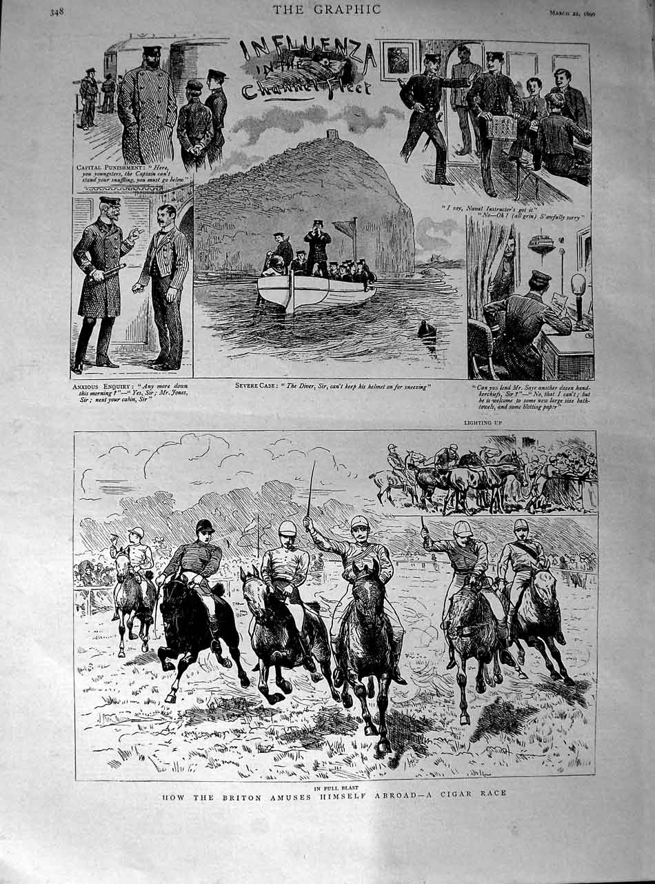 Old Antique Print 1890 Cigar Horse Race Influenza Channel Fleet Ships War 19th