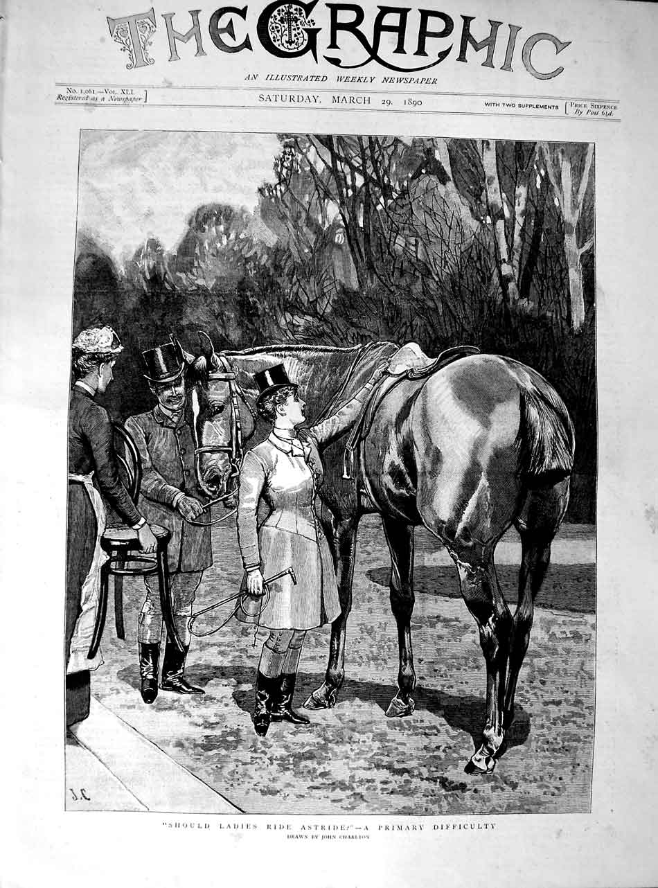 Original Old Antique Print 1890 John Charlton Fine Art Lady Horse Riding F 19th