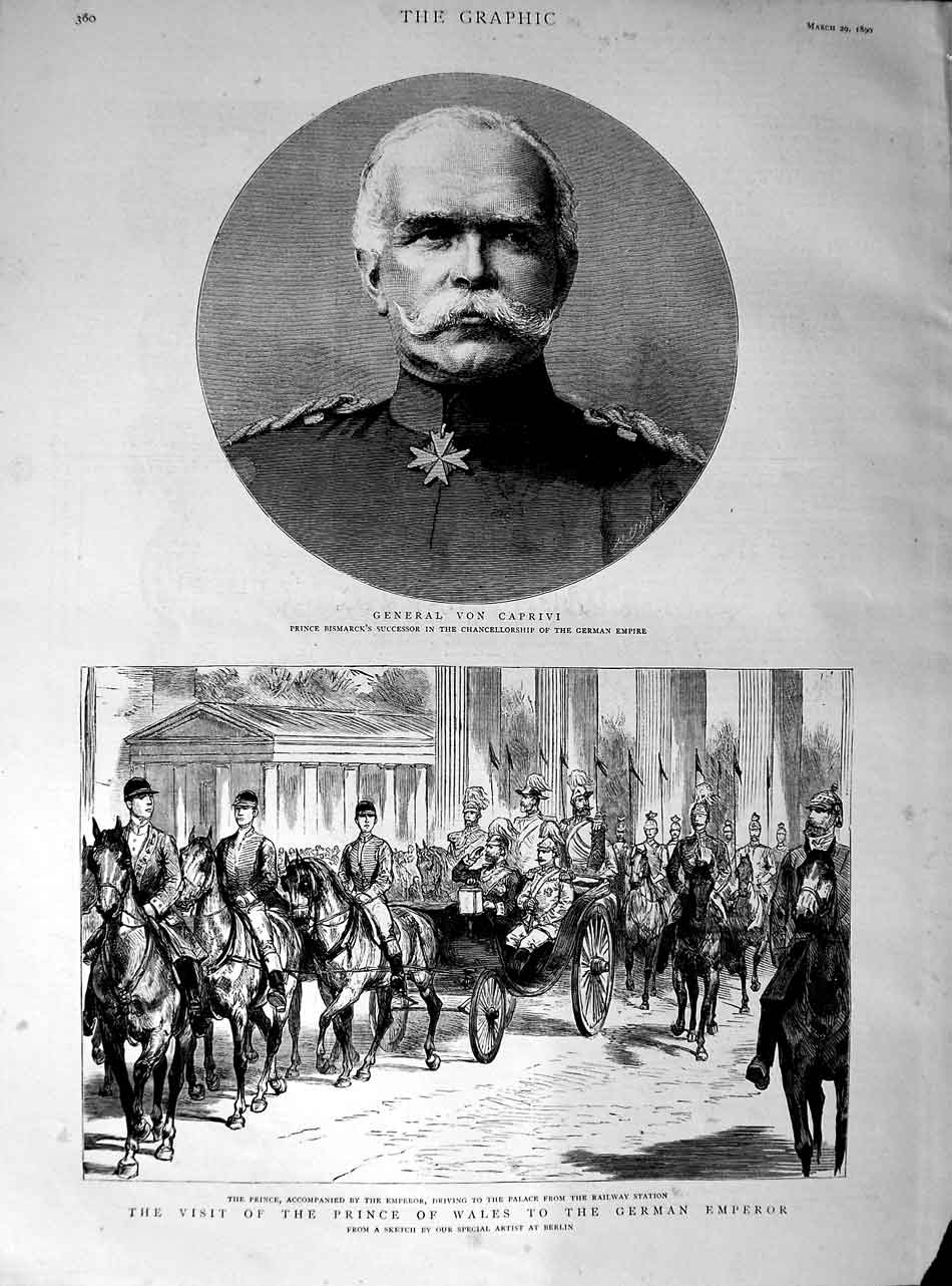 Original Old Antique Print 1890 General Von Caprivi Prince Wales German Emperor