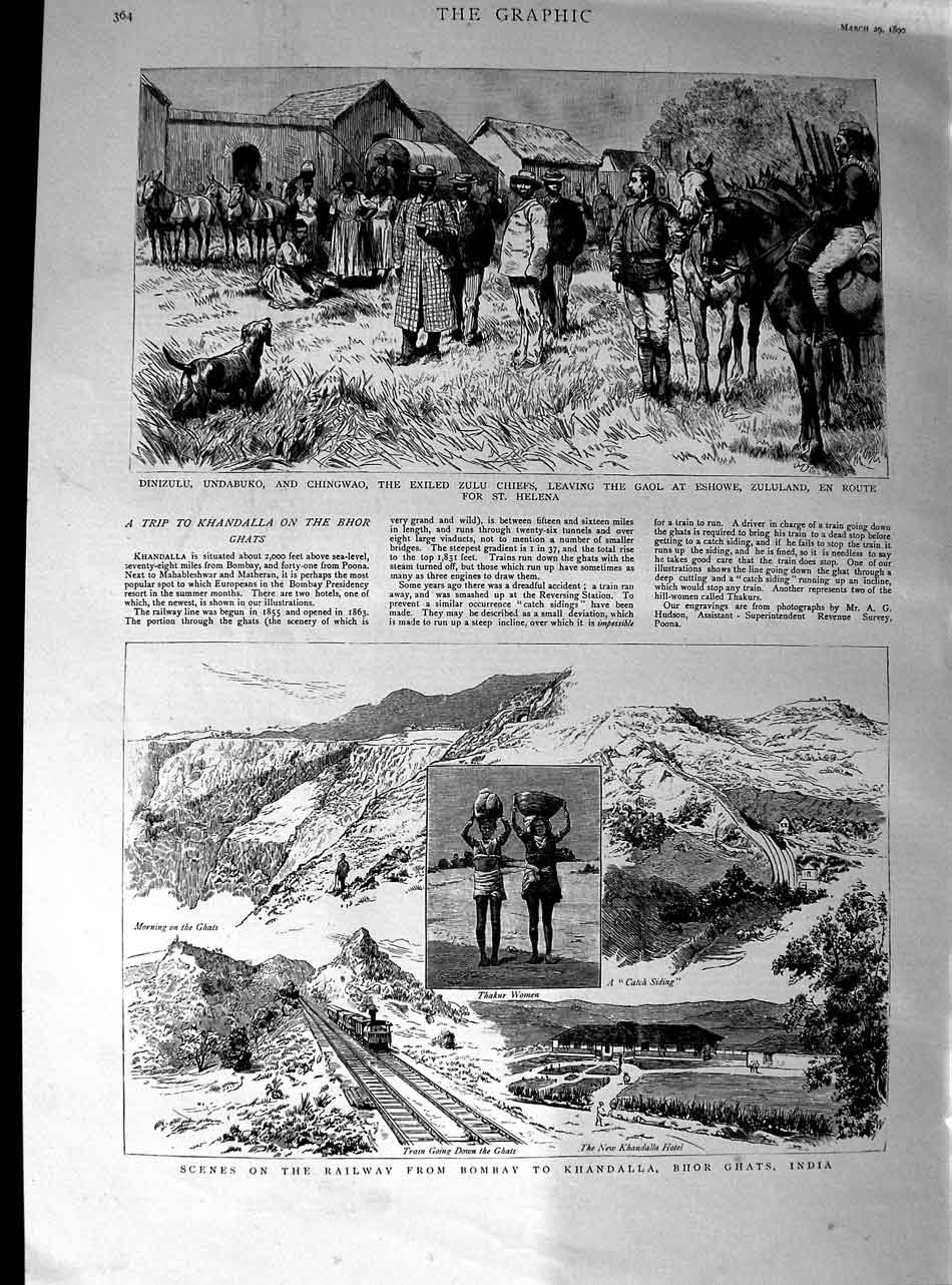 Old Antique Print 1890 Railway Bombay Khandalla India Zulu Chiefs Eshowe 19th