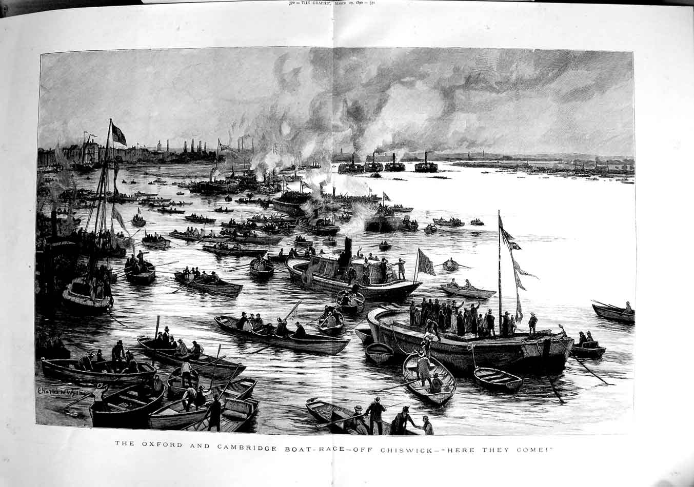 Old Antique Print 1890 Oxford Cambridge Boat Race Chiswick River Sport 19th