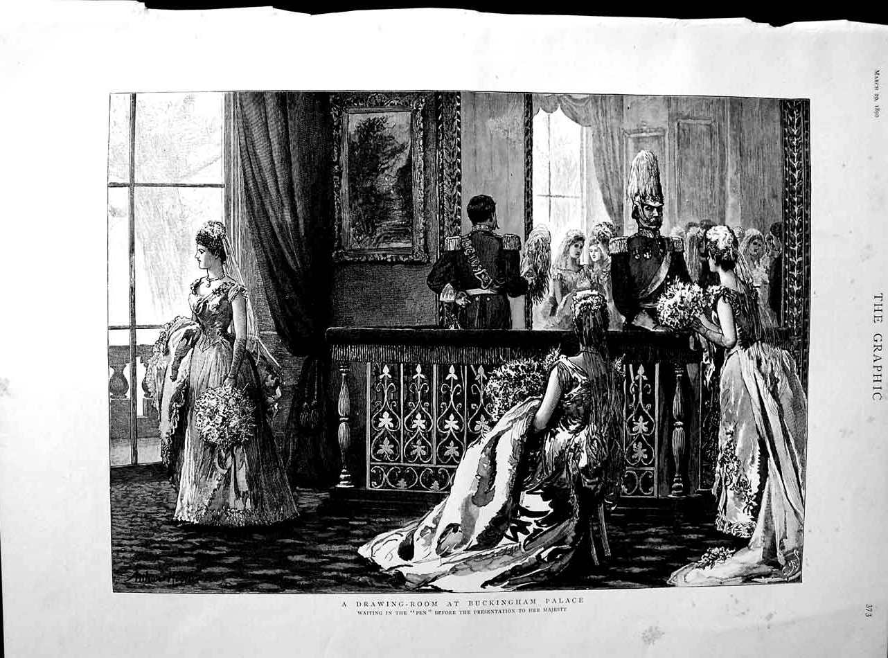 Original Old Antique Print 1890 Scene Drawing Room Buckingham Palace Fine Art