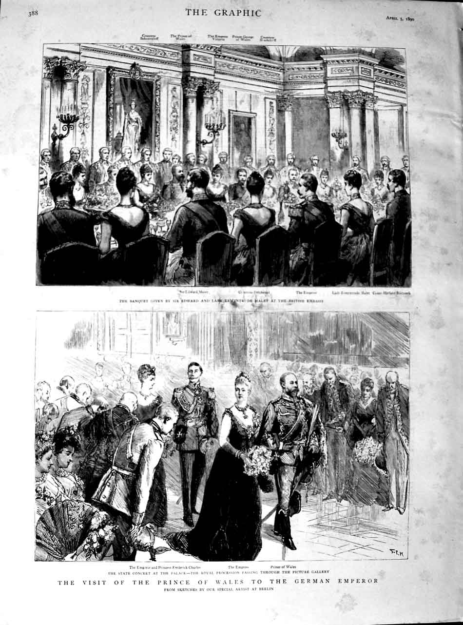 Original Old Antique Print 1890 Prince Wales German Emperor Ermyntrud Victorian
