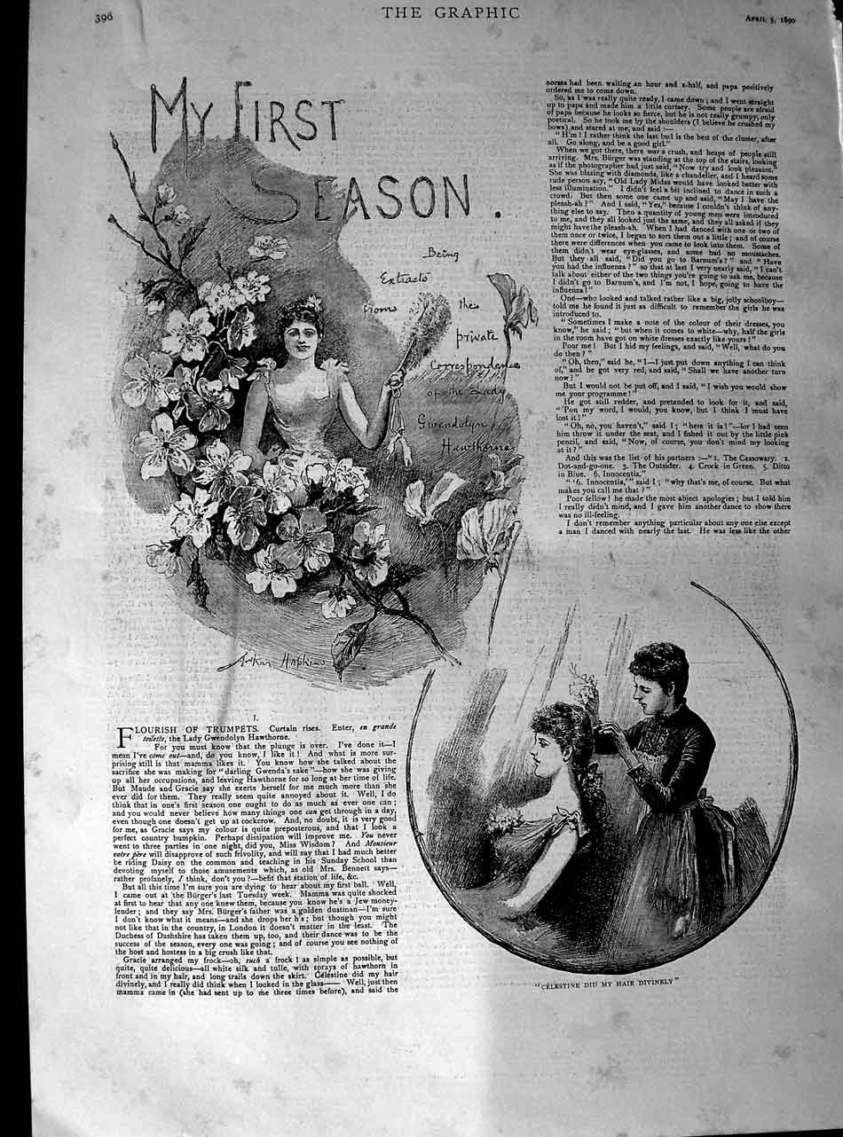 Original Old Antique Print 1890 Story Young Woman First Dance Ball Romance 19th