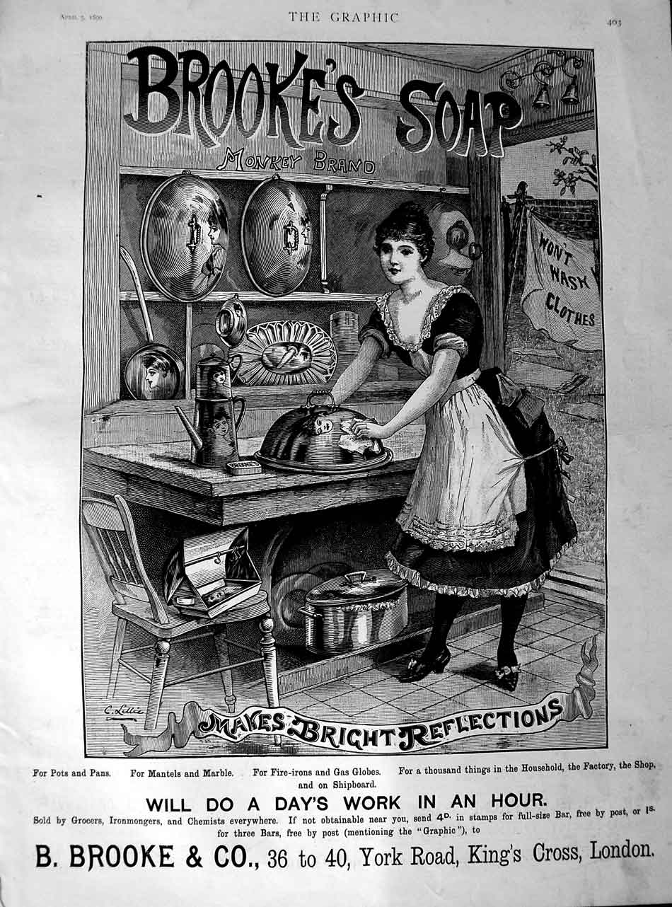 Antique Old Print Ref.472 1890 Advertisement Brookes Monkey Brand Soap London