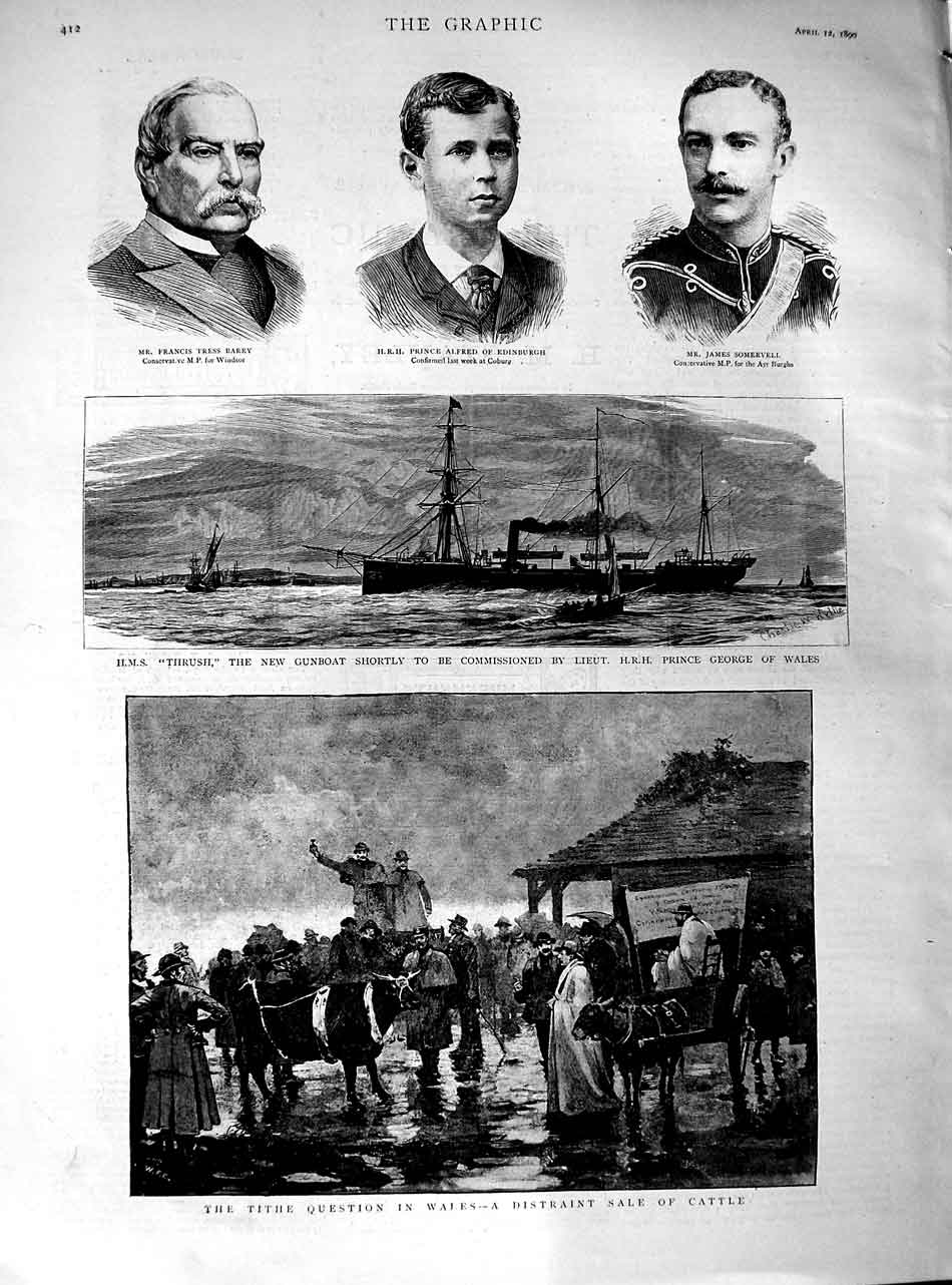 Old Antique Print 1890 Tithe Wales Sale Cattle Ship Thrush Barry Coburg 19th