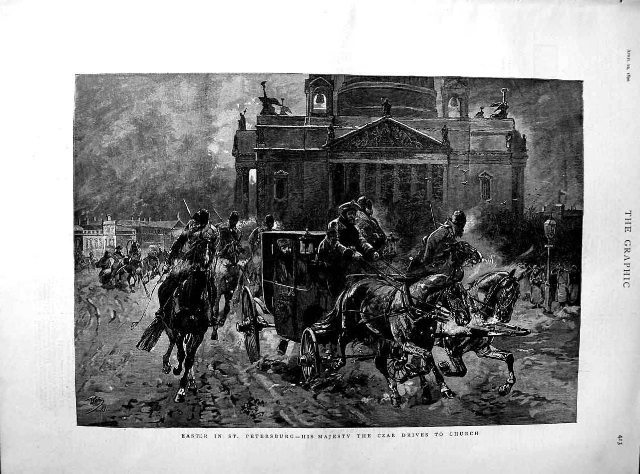 Original Old Antique Print 1890 St. Petersburg Czar Horses Carriage Church 19th