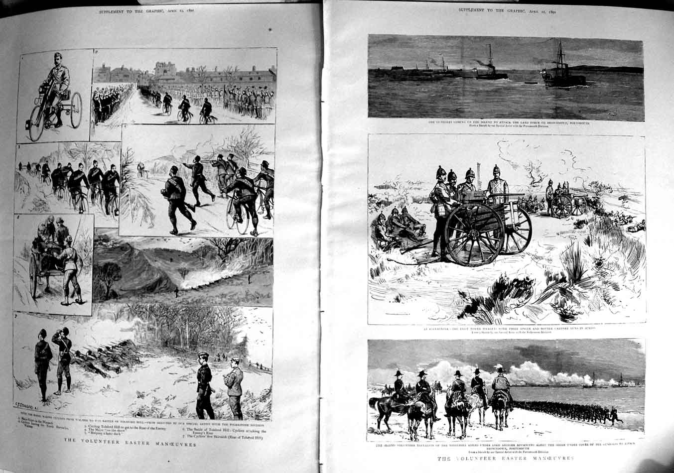Original Old Antique Print 1890 Volunteer Siers Easter Manoeuvres Folkestone