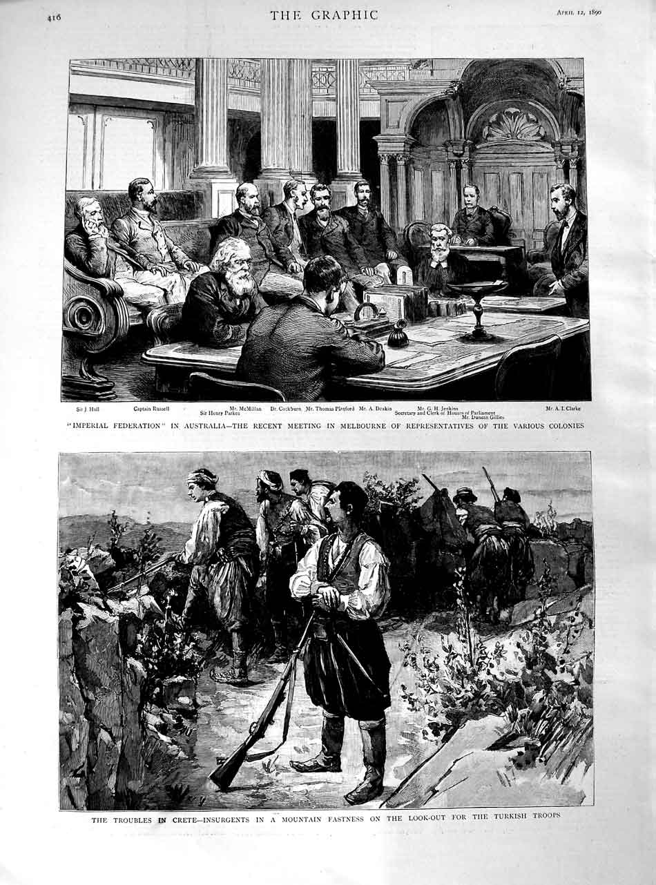 Old Antique Print 1890 Crete Insurgents Mountain Australia Cockburn Hall 19th