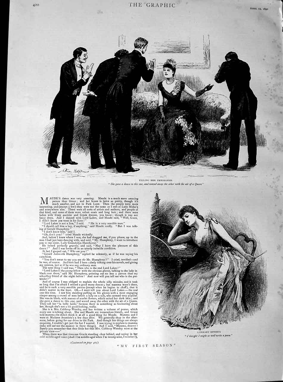 Original Old Antique Print 1890 Dance Season Romance Maude 19th