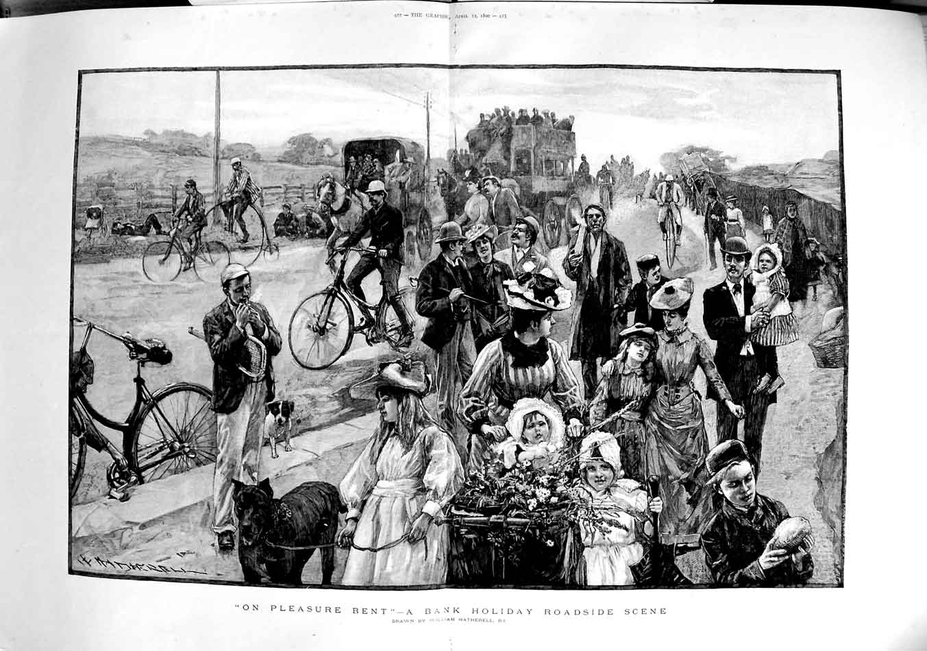 Antique Old Print 1890 Bank Holiday Roadside Scene Family Bicycles Street 19th