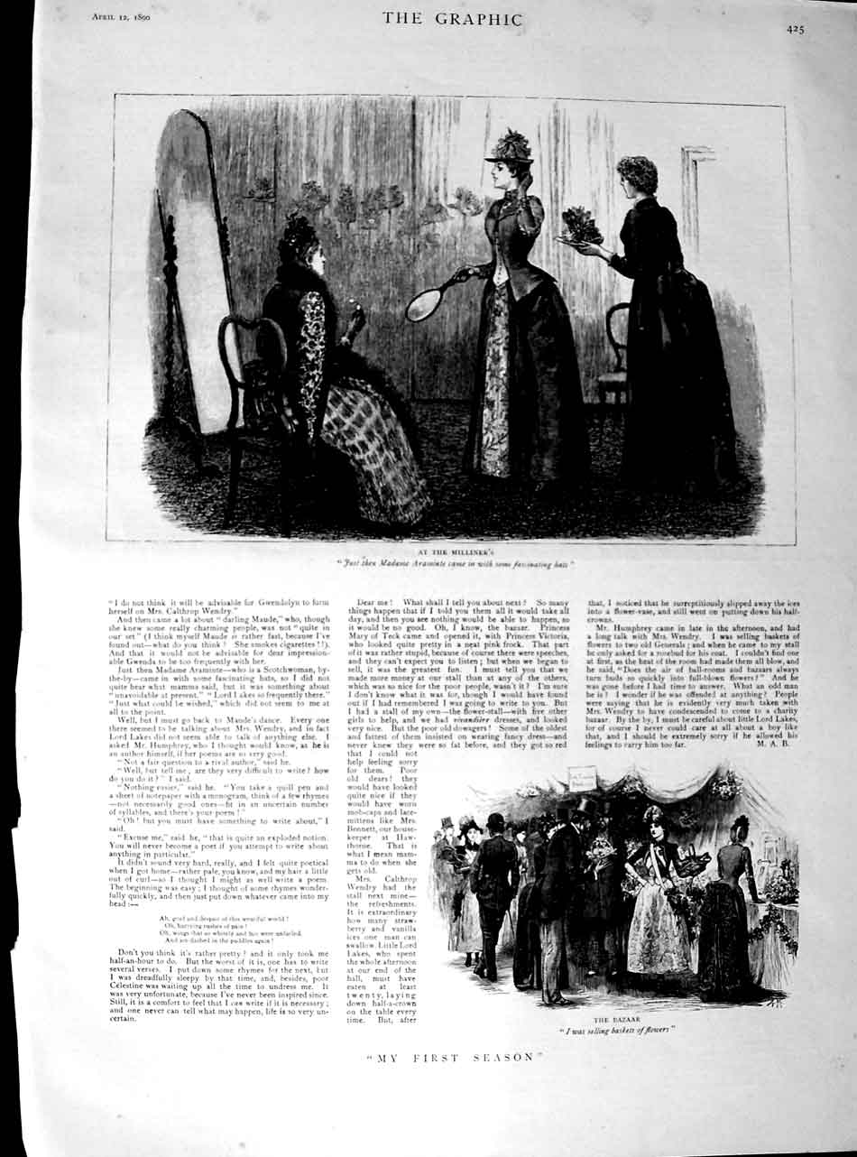 Old Antique Print 1890 Bazaar Baskets Flowers Madame Araminte Milliner'S 19th