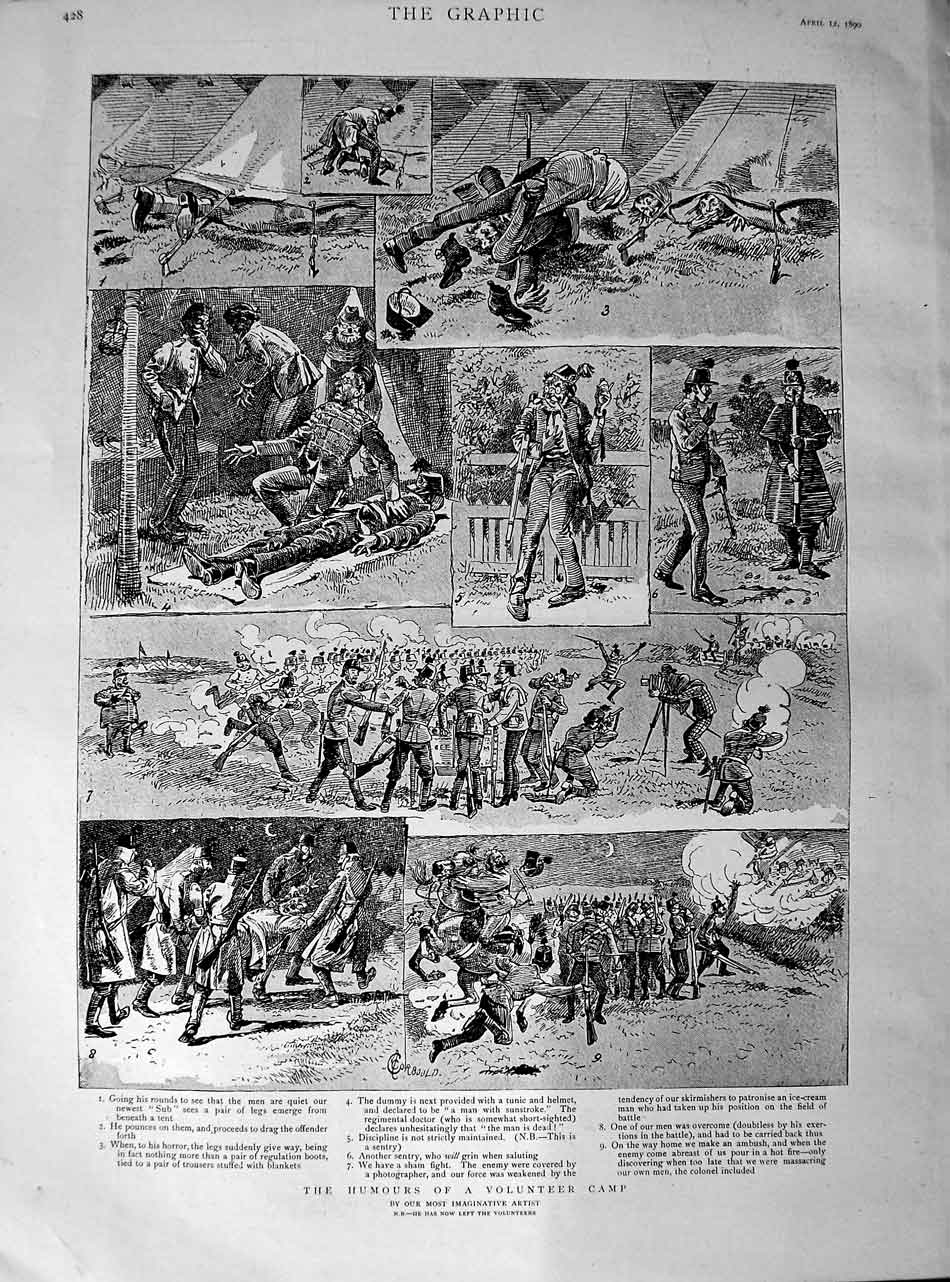 Original Old Antique Print 1890 Comedy Siers Volunteer Camp War Tents Victorian