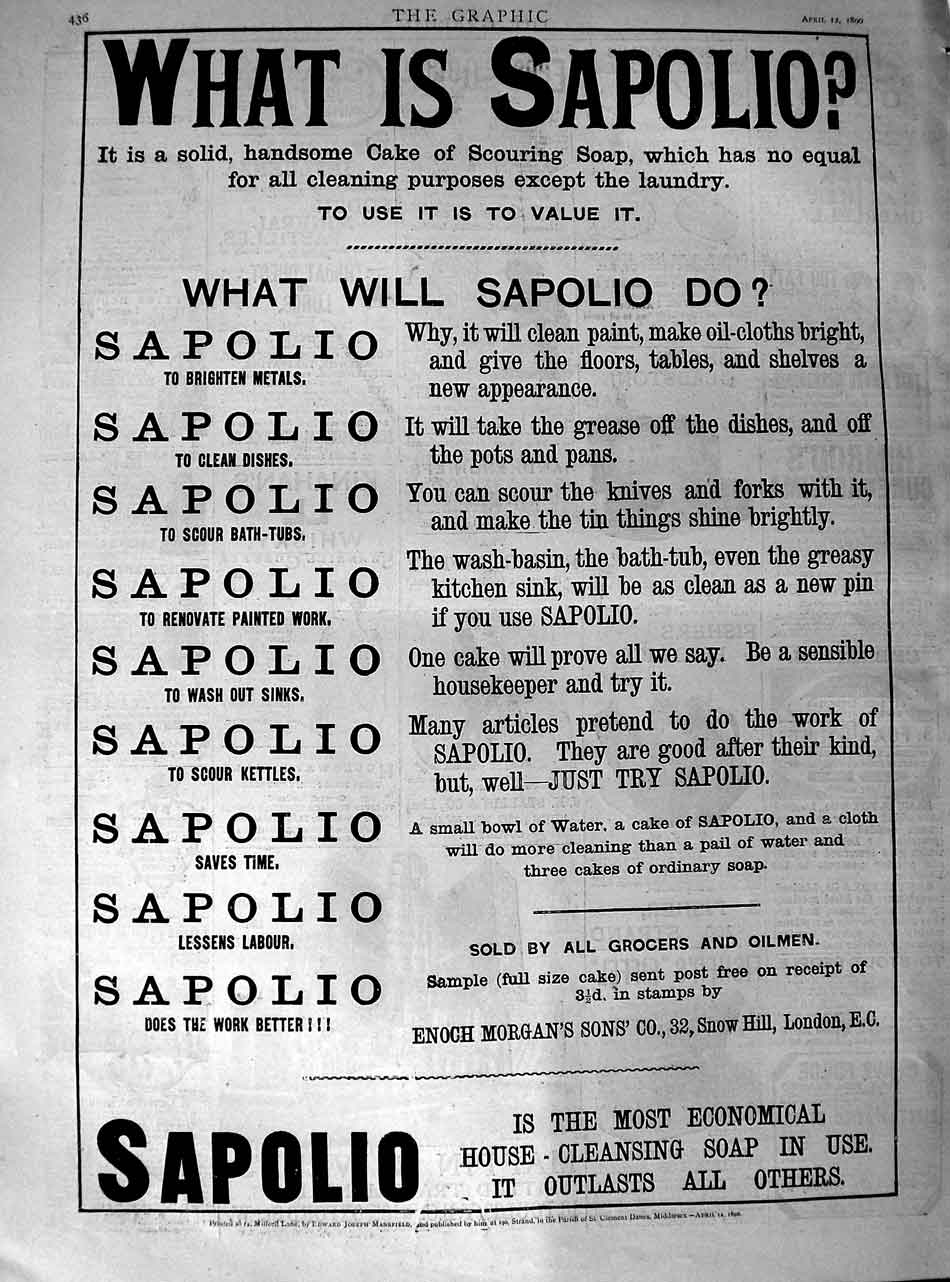 Original Old Antique Print 1890 Advertisement Sapolio Soap Enoch Morgans London