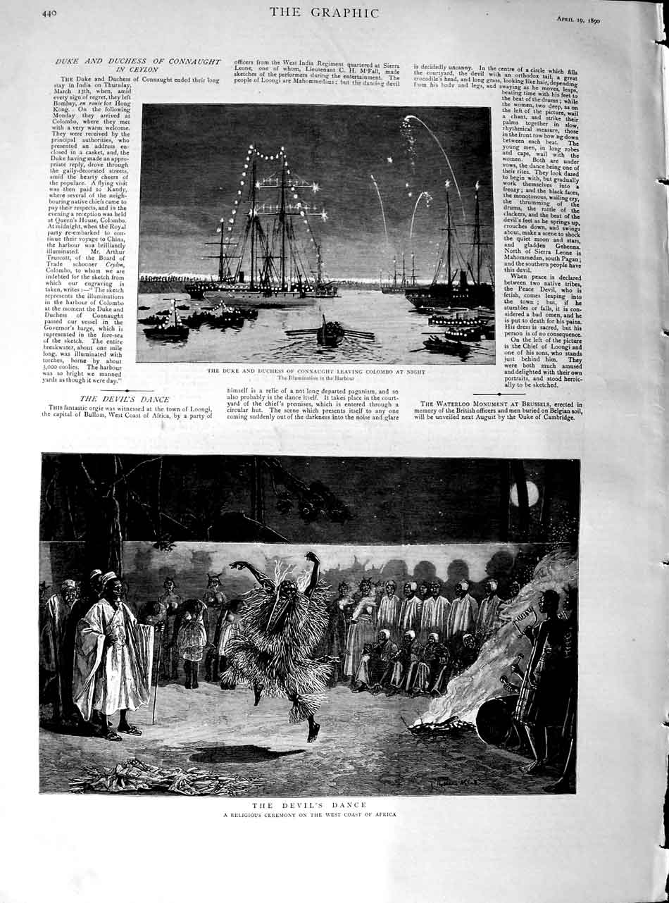 Old Antique Print 1890 Duke Connaught Ships Colombo Devil'S Dance Africa 19th