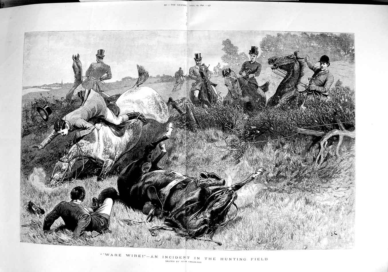 Original Old Antique Print 1890 Fox Hunting Horses Fallen Accident Sport H 19th