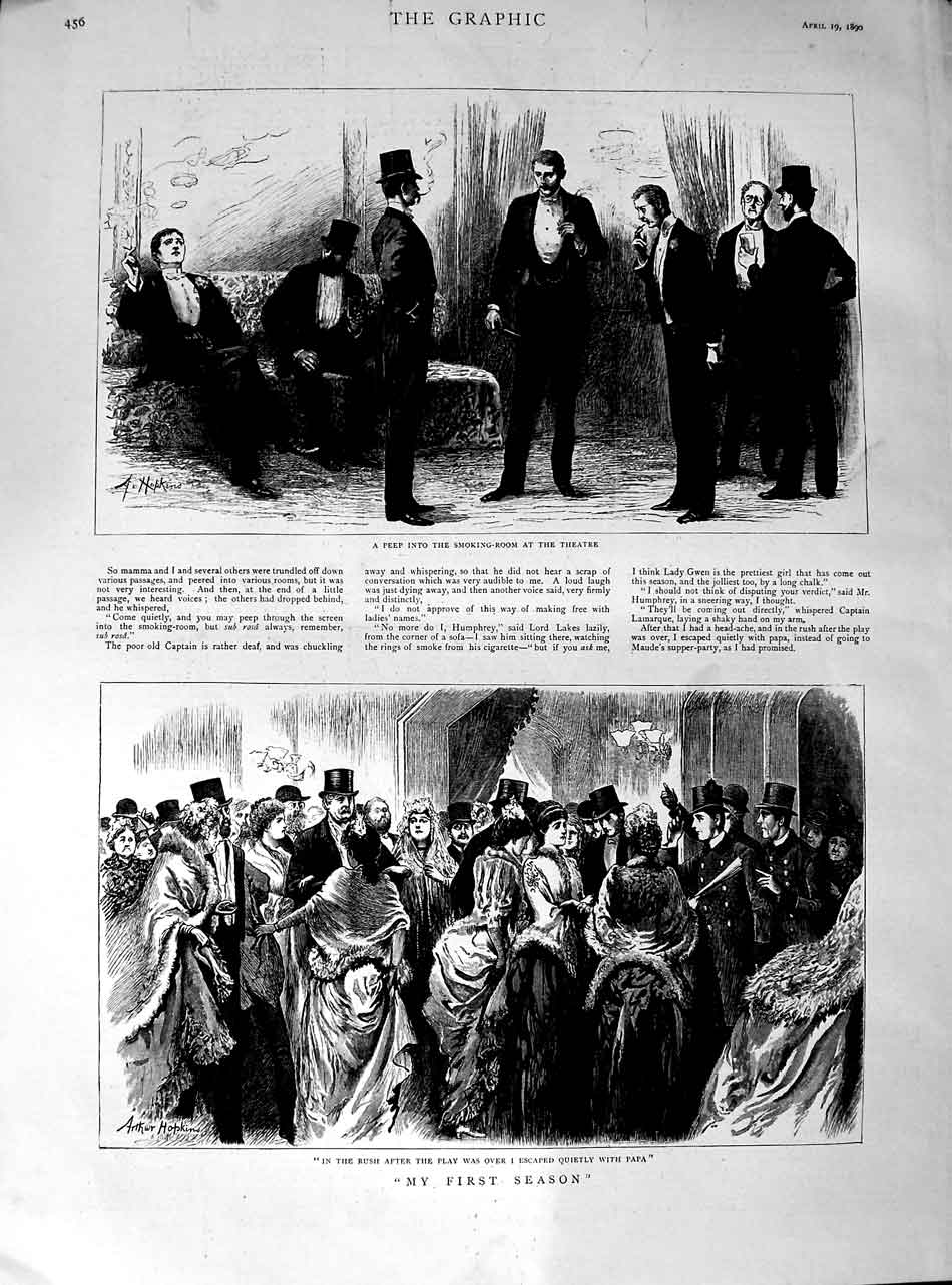 Original Old Antique Print 1890 Smoking Room Theatre Audience 19th