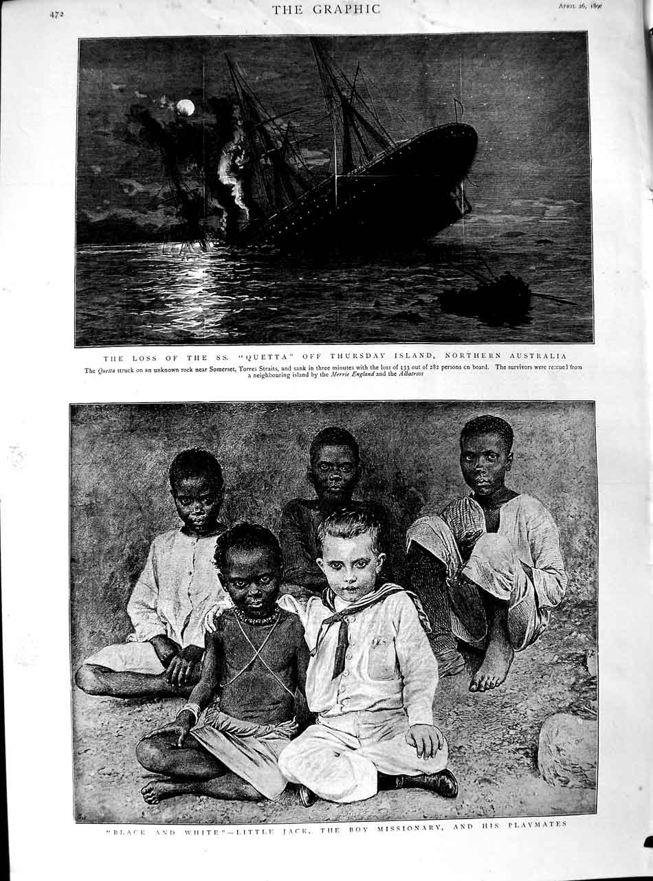 Original Old Antique Print 1890 Ship Wreck Quetta Thursday Island Boy Mis 19th