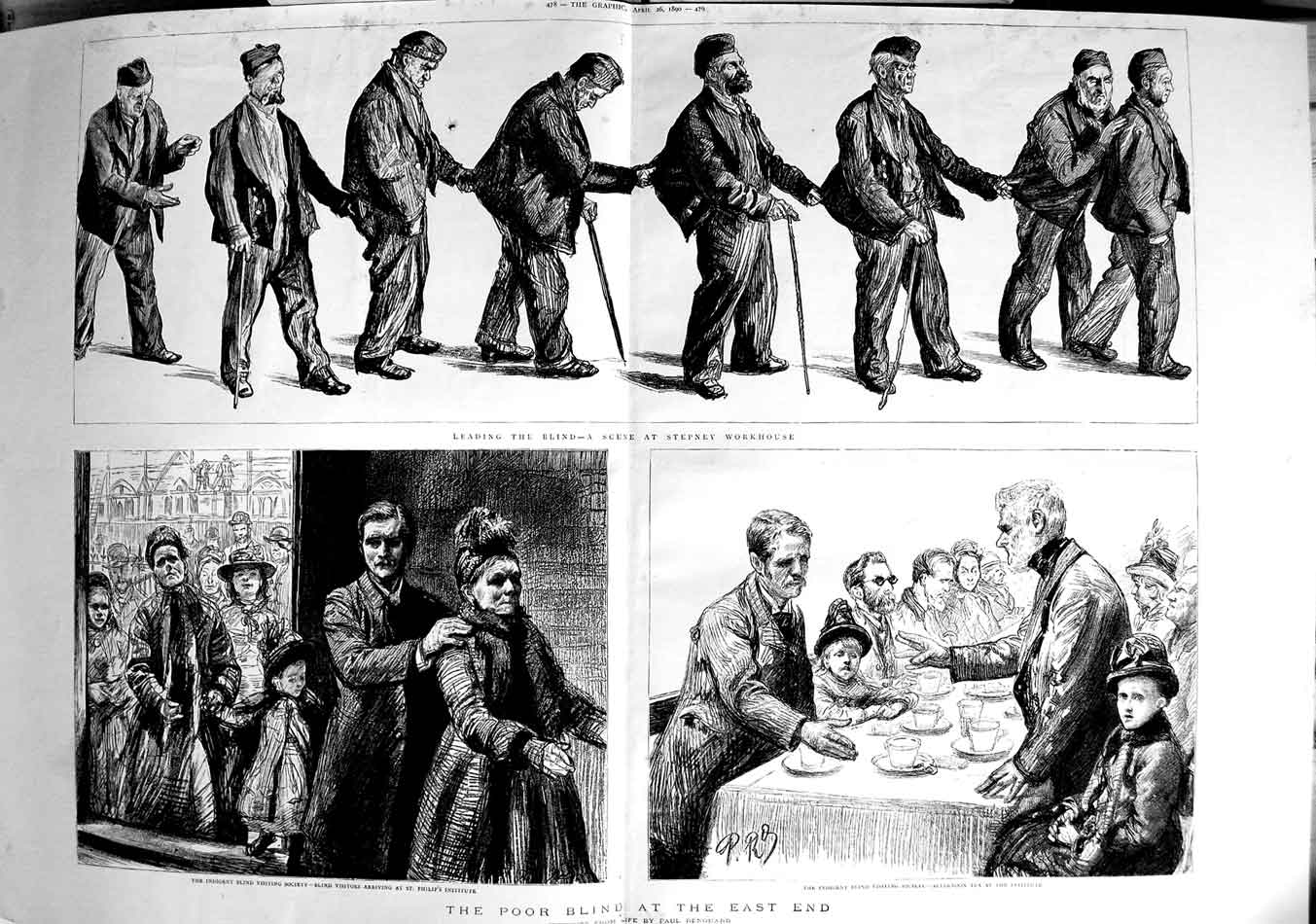 Original Old Antique Print 1890 Poor Blind East End London Stepney Workhouse