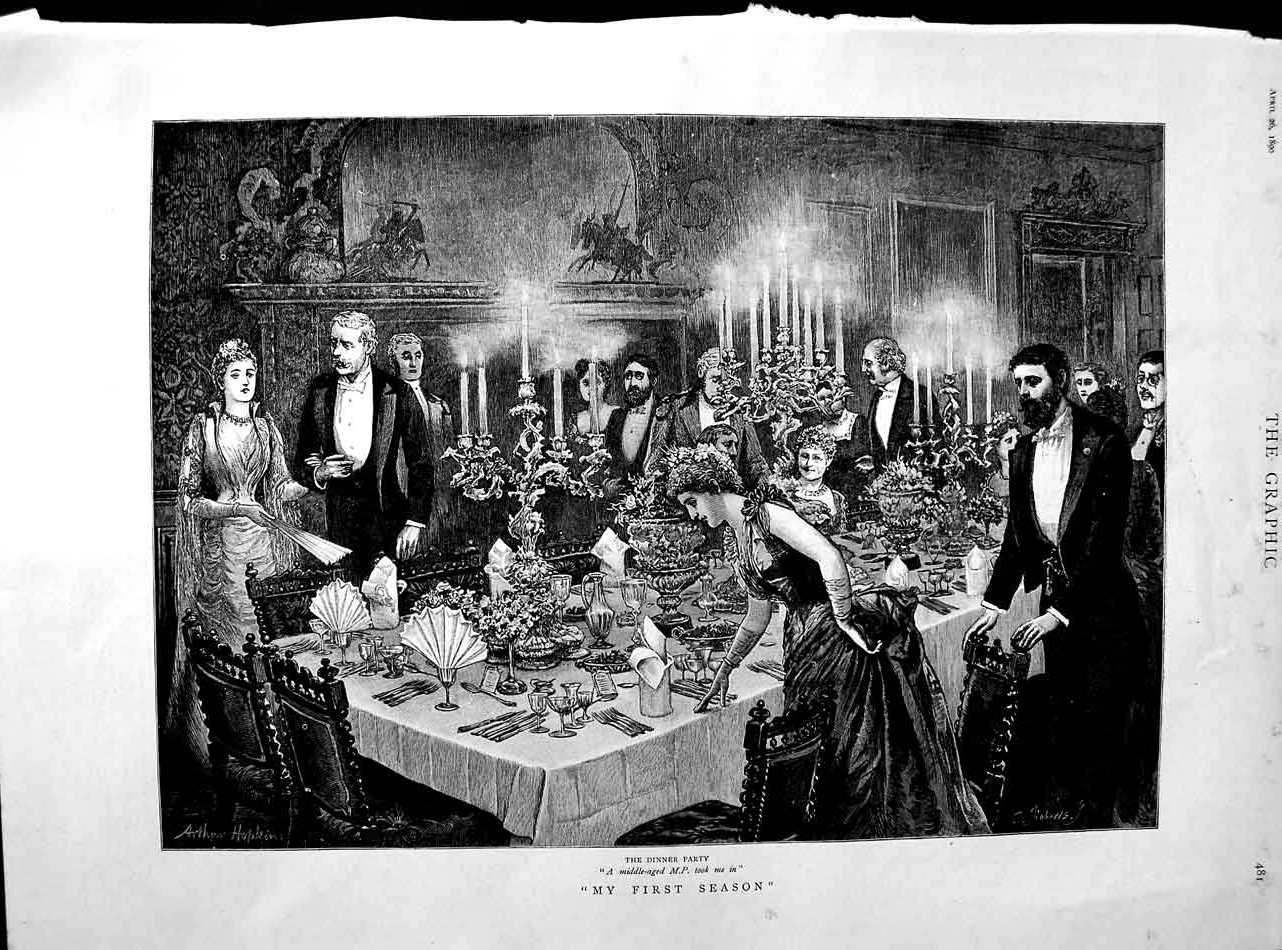 Original Old Antique Print 1890 Dinner Party Men Women Romance F 19th
