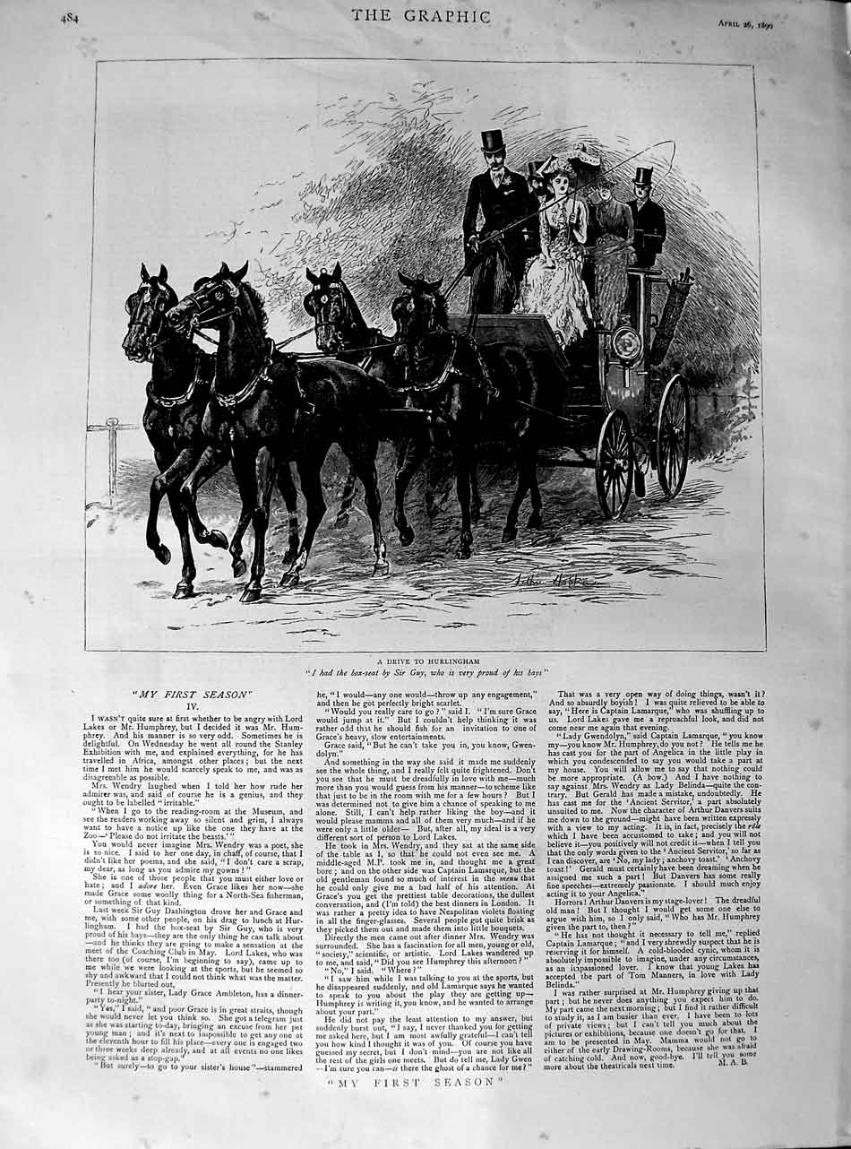 Original Old Antique Print 1890 Horses Carriage Hurlingham Sir Guy Victorian