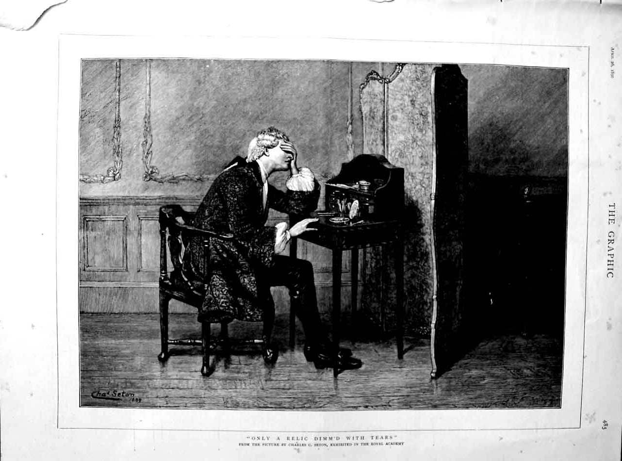 Original Old Antique Print 1890 Charles Seton Fine Art Crying Man Table House