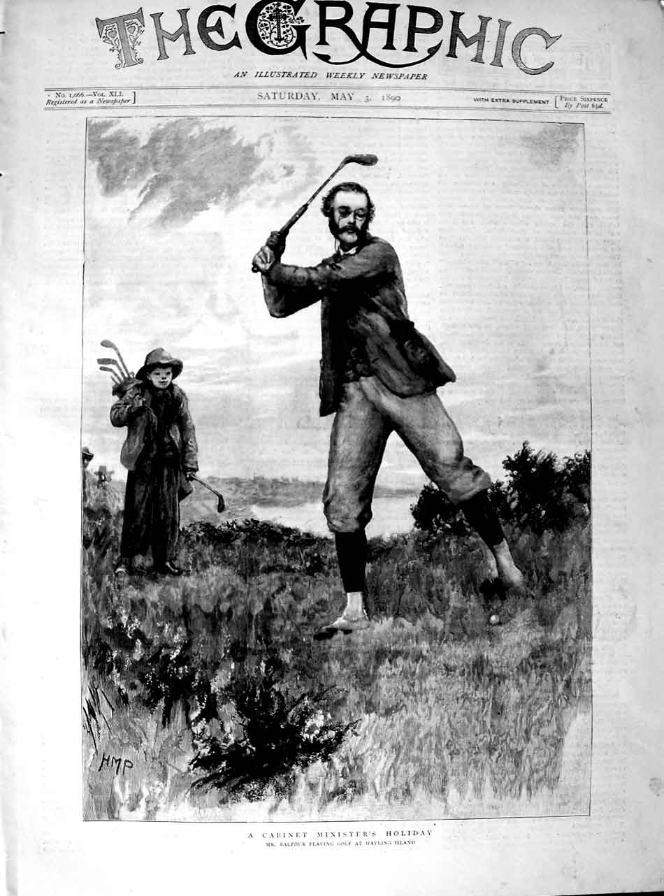 Original Old Antique Print 1890 Mr. Balfour Playing Golf Holiday Hayling 19th