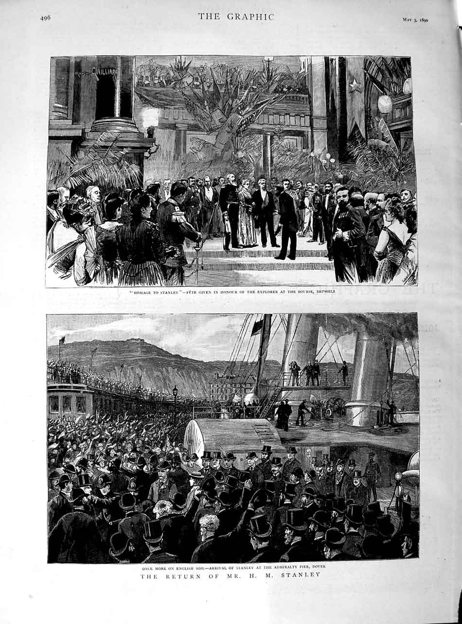 Old Antique Print 1890 Mr. Stanley Bourse Brussels Admiralty Pier Dover 19th