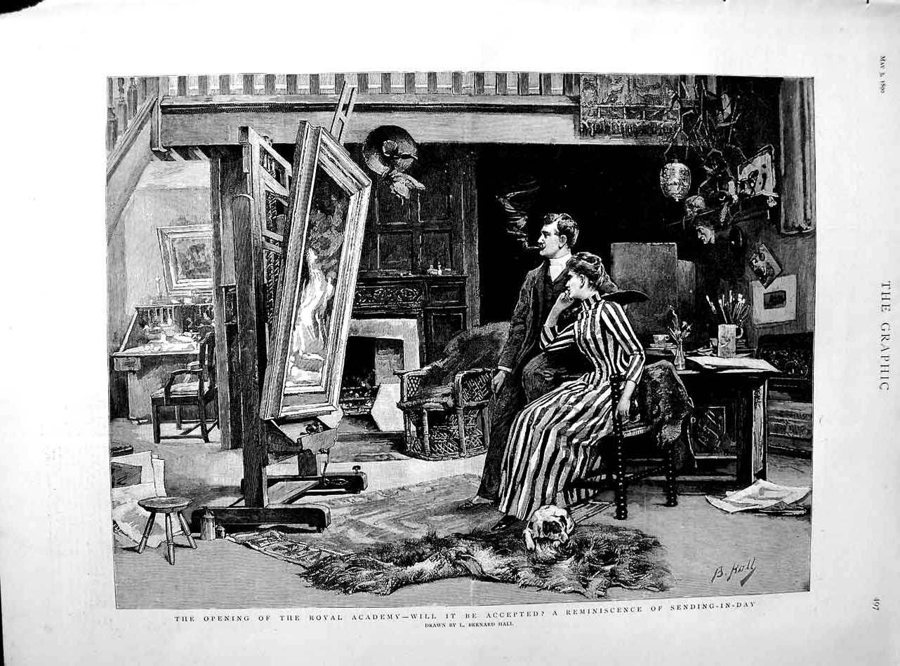 Original Old Antique Print 1890 Royal Academy Art Man Woman Paintings Pictures
