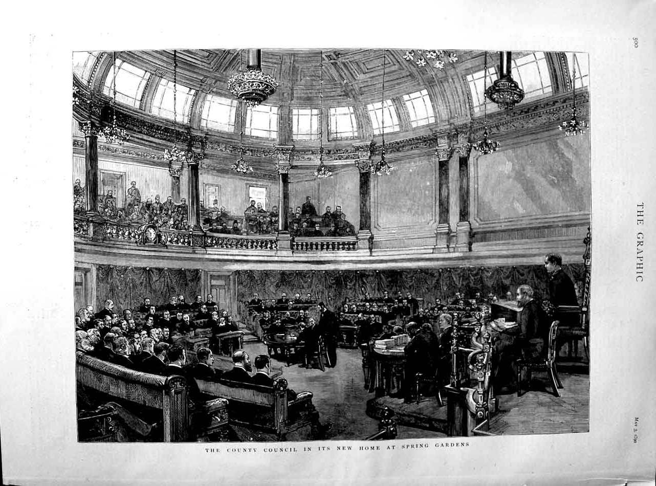 Old Antique Print 1890 County Council Spring Gardens Men Meeting Fine Art 19th
