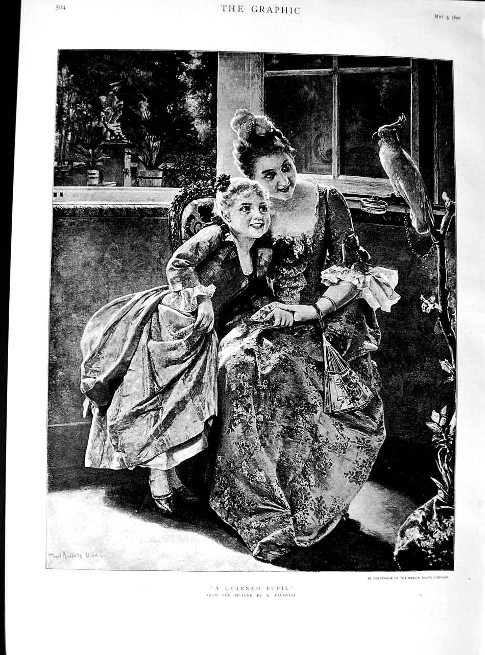 Original Old Antique Print 1890 Fine Art Mother Little Girl Bird Raudnitz 19th