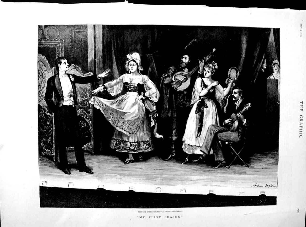 Original Old Antique Print 1890 Private Theatricals Dress Rehearsal Theatre Art