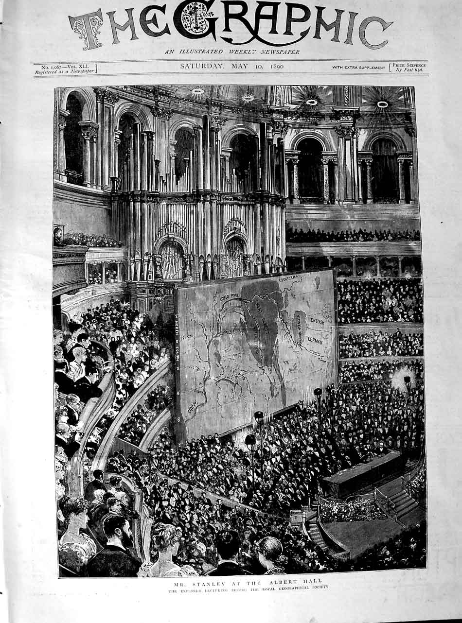 Original Old Antique Print 1890 Mr Stanley Albert Hall Royal Geographical 19th