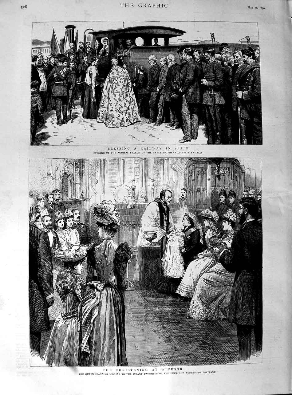 Original Old Antique Print 1890 Queen Baby Duke Portland Christening Railwa 19th