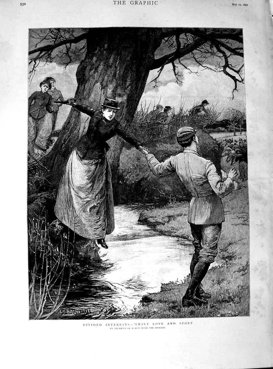 Original Old Antique Print 1890 Lady Stream Hunting Beagles Romance F Victorian