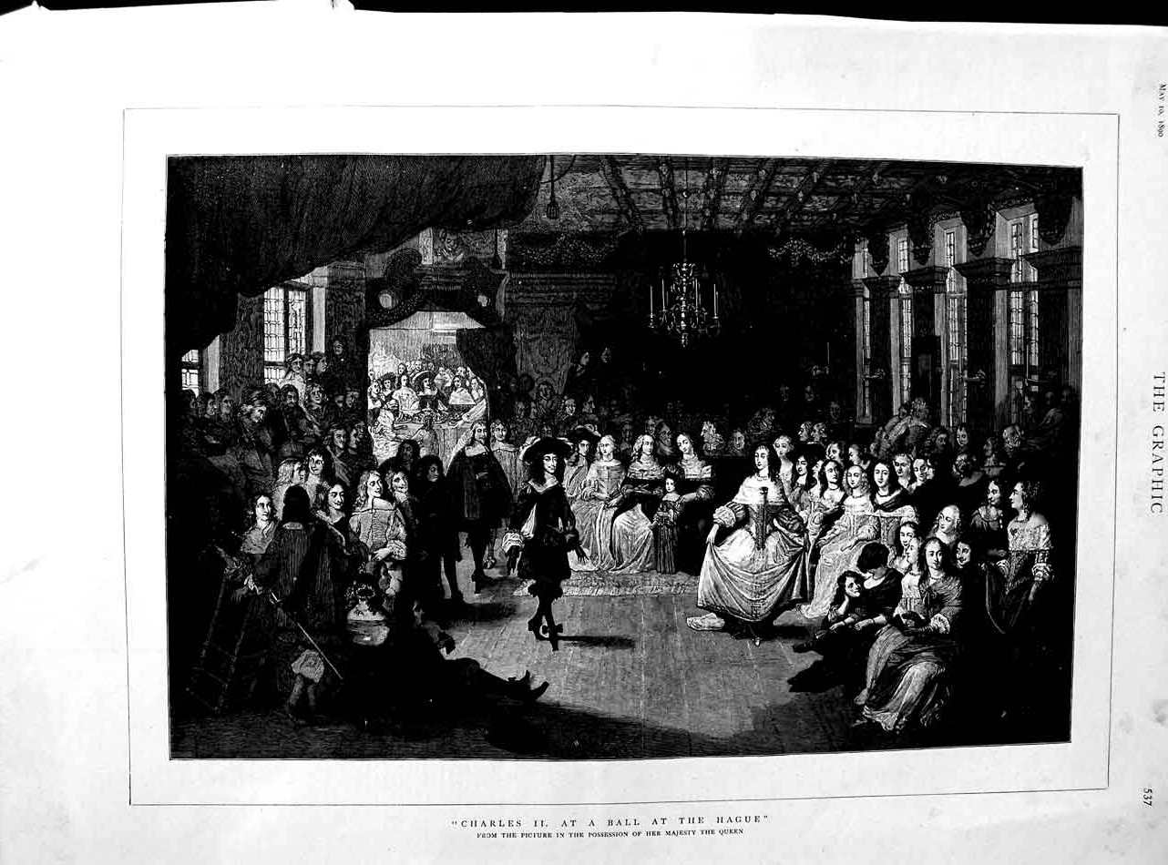 Original Old Antique Print 1890 Scene King Charles Ii Ball Hague Fine Art 19th