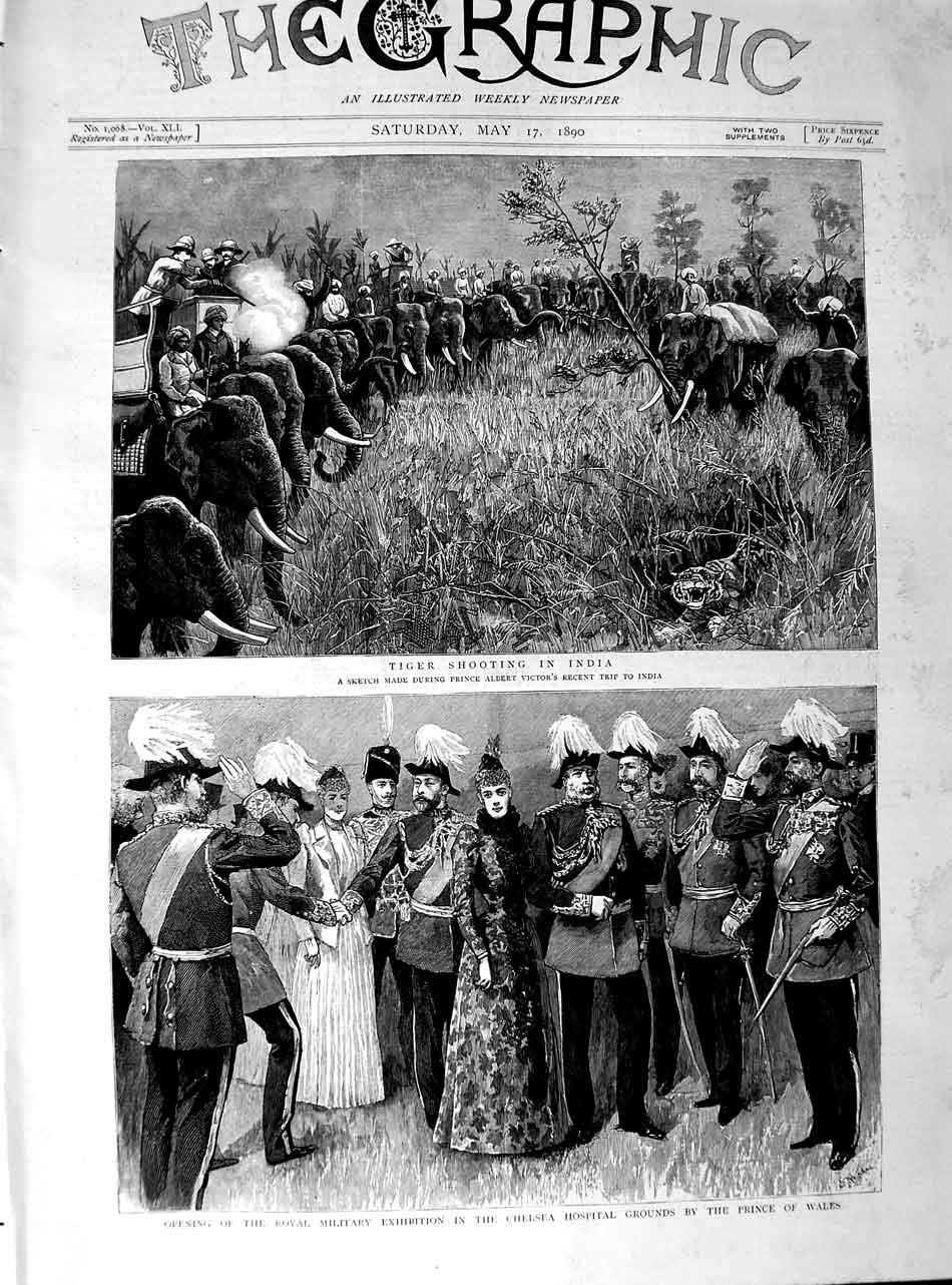 Original Old Antique Print 1890 Tiger Hunting India Prince Victor Chelsea H 19th