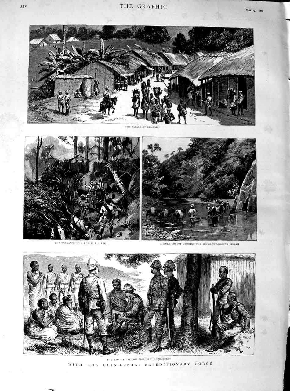 Old Antique Print 1890 Chin-Lushai Bazaar Demagiri Rajah Lienpunga Lushai 19th