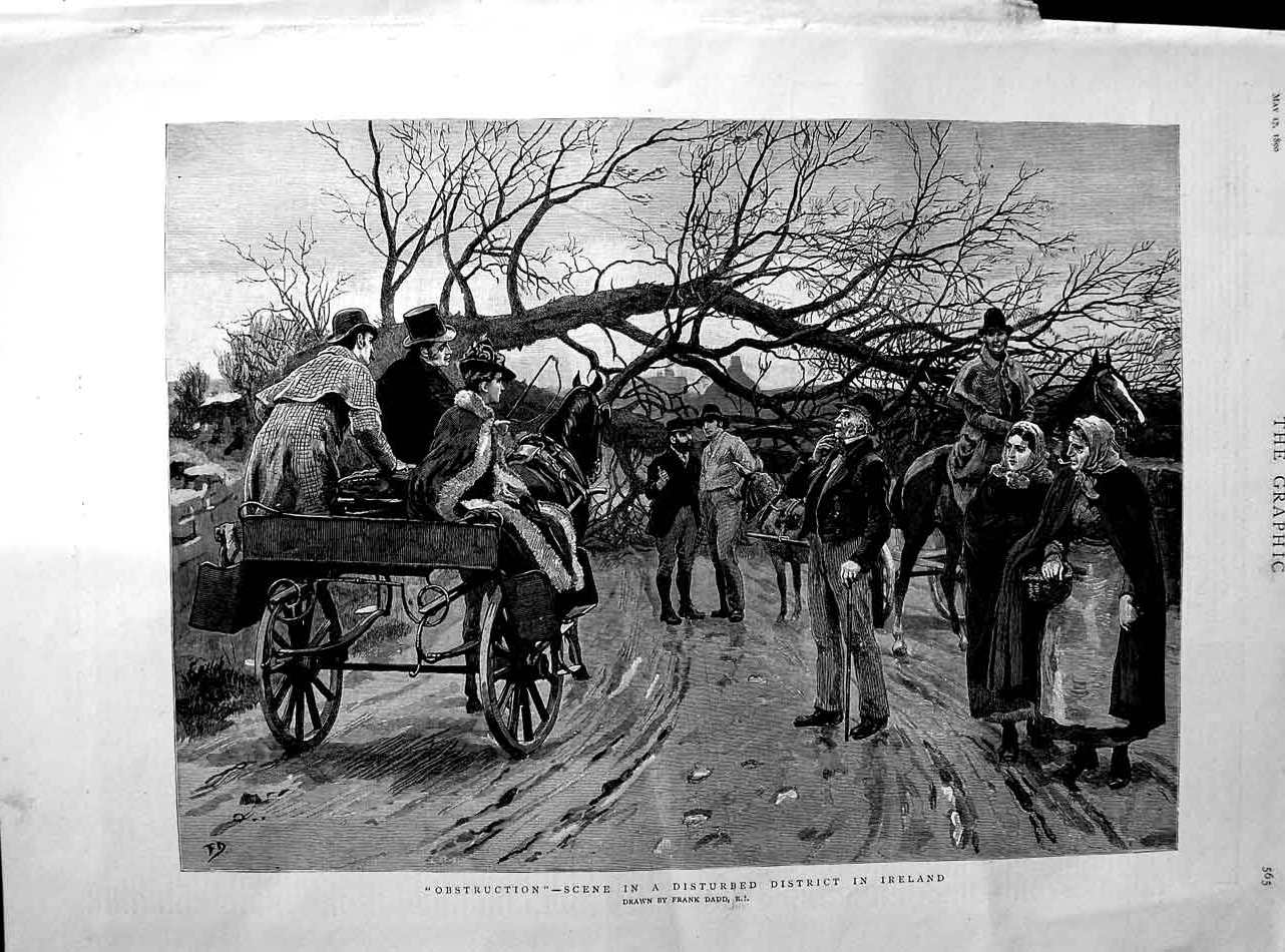 Original Old Antique Print 1890 Scene Fallen Tree Ireland Horses Cart Fine Art