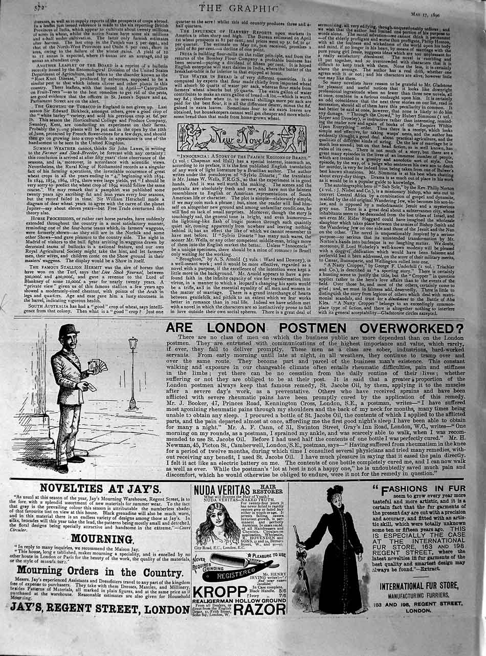 Old Antique Print 1890 Advertisement Kropp Razor London Postmen Fur Store 19th