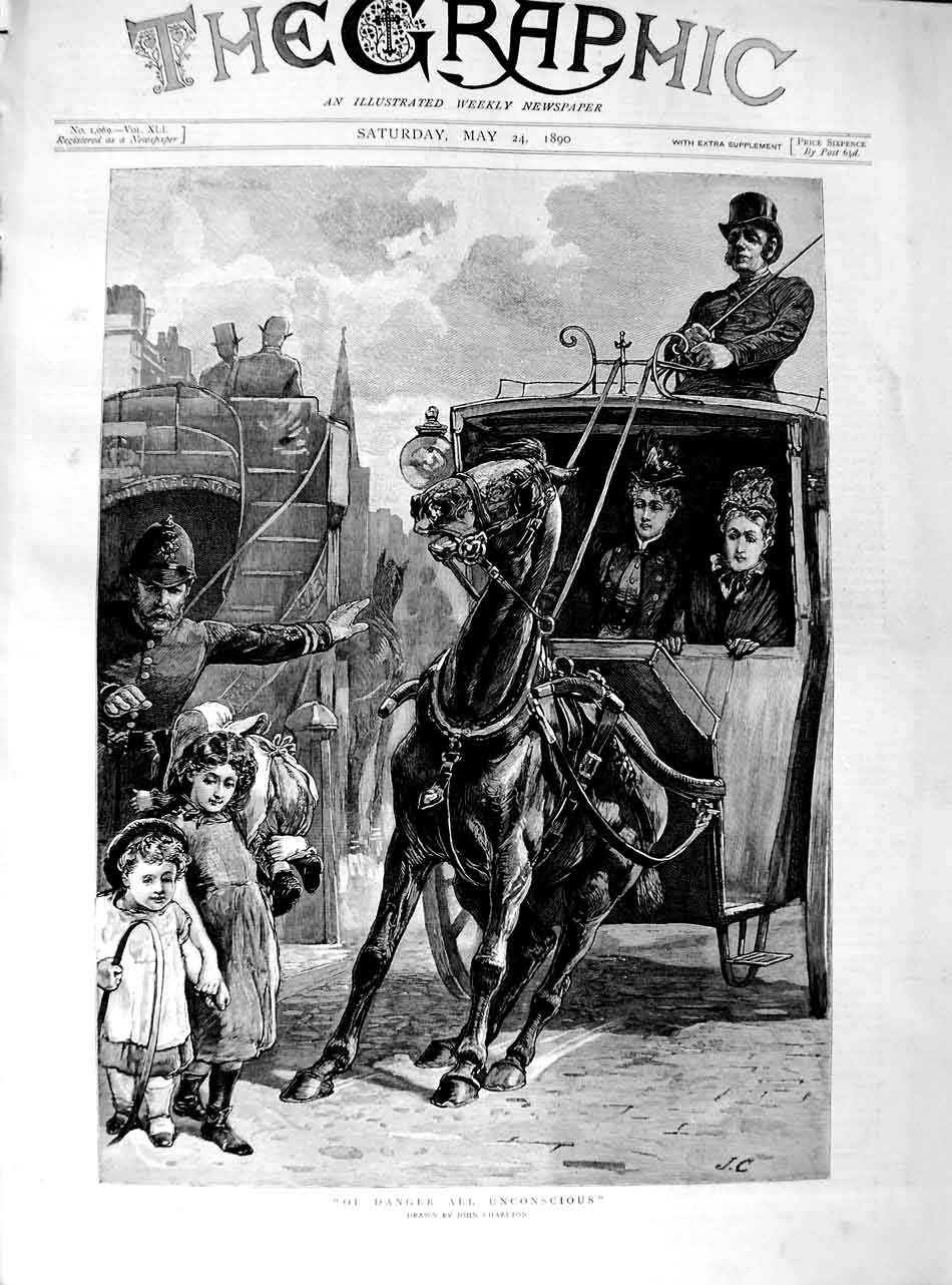 Original Old Antique Print 1890 John Charlton Art Horses Coach Children Police