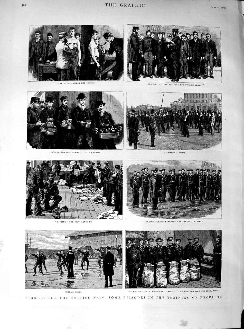 Old Antique Print 1890 British Navy Training Recruits Cutlass Drill War 19th