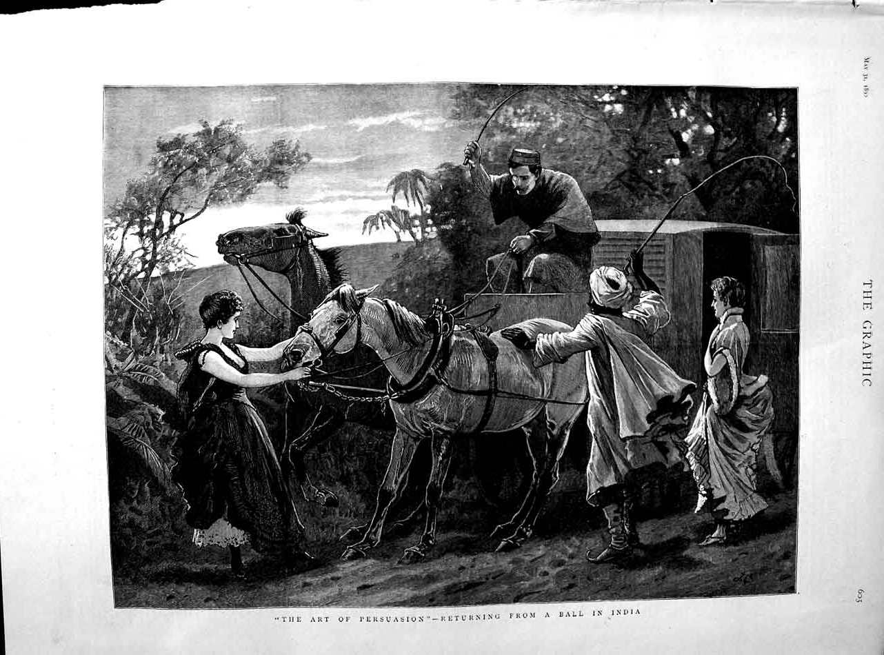 Original Old Antique Print 1890 Fine Art Horses Coach Returning From Ball India