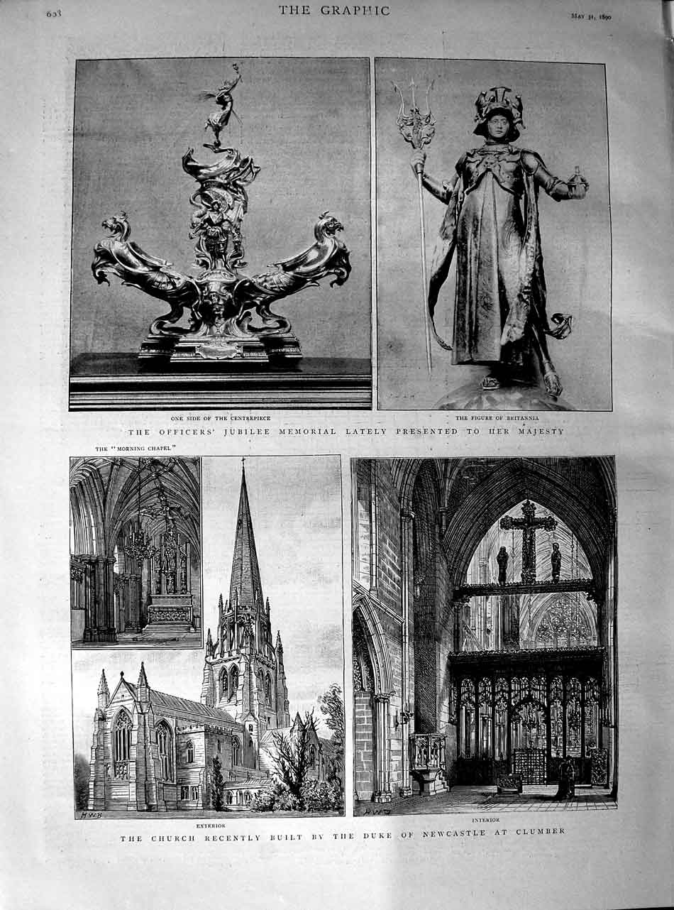 Original Old Antique Print 1890 Church Duke Newcastle Clumber Figure Britannia