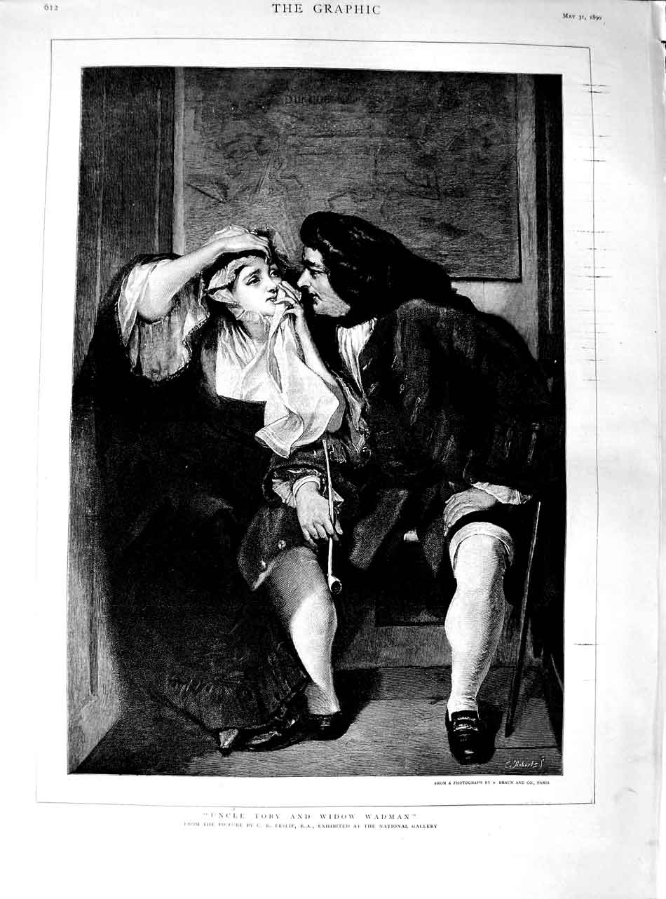 Original Old Antique Print 1890 Fine Art Leslie Uncle Toby Widow Wadman 19th