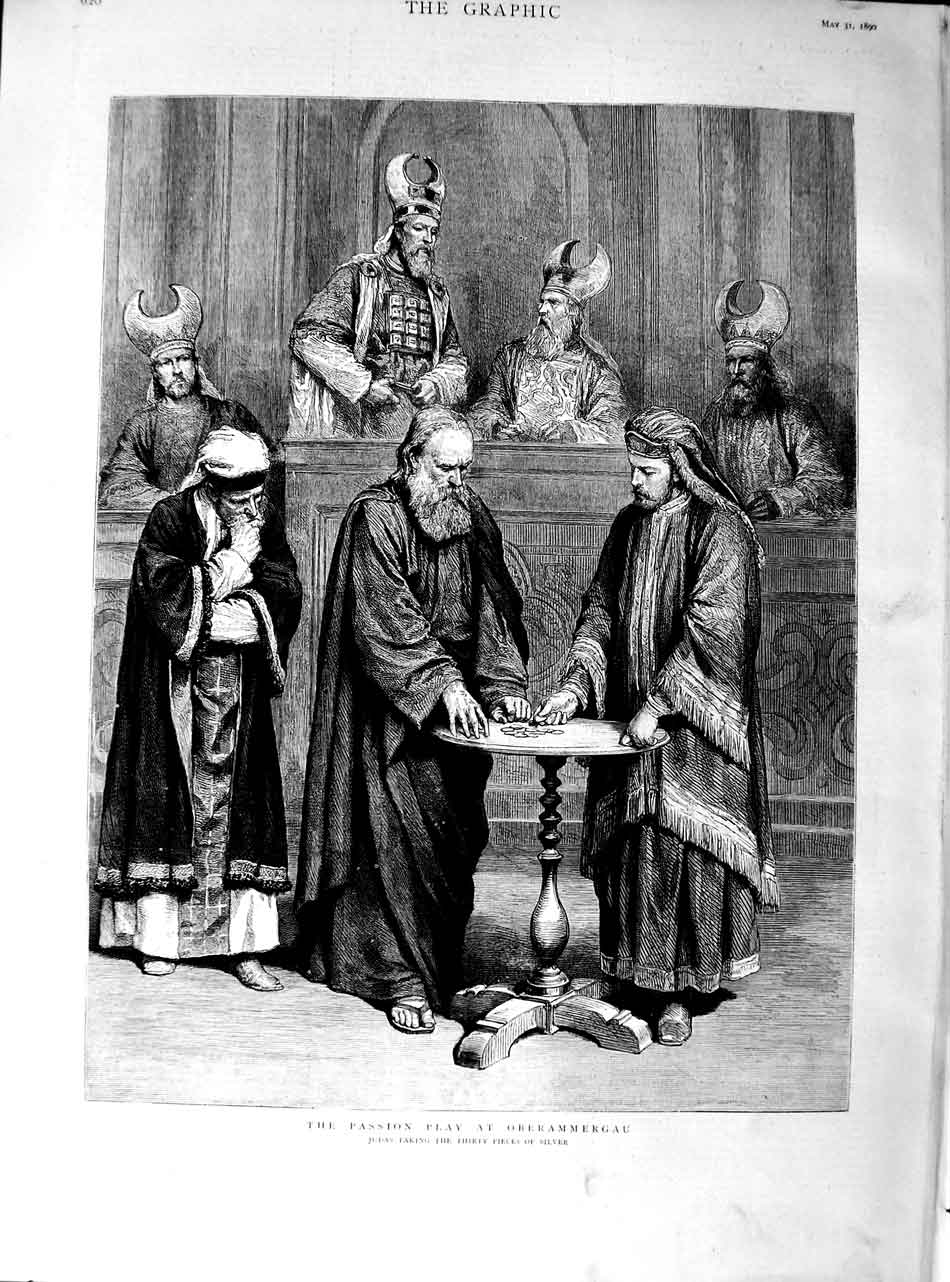 Original Old Antique Print 1890 Passion Play Oberammergau Judas Pieces Silver