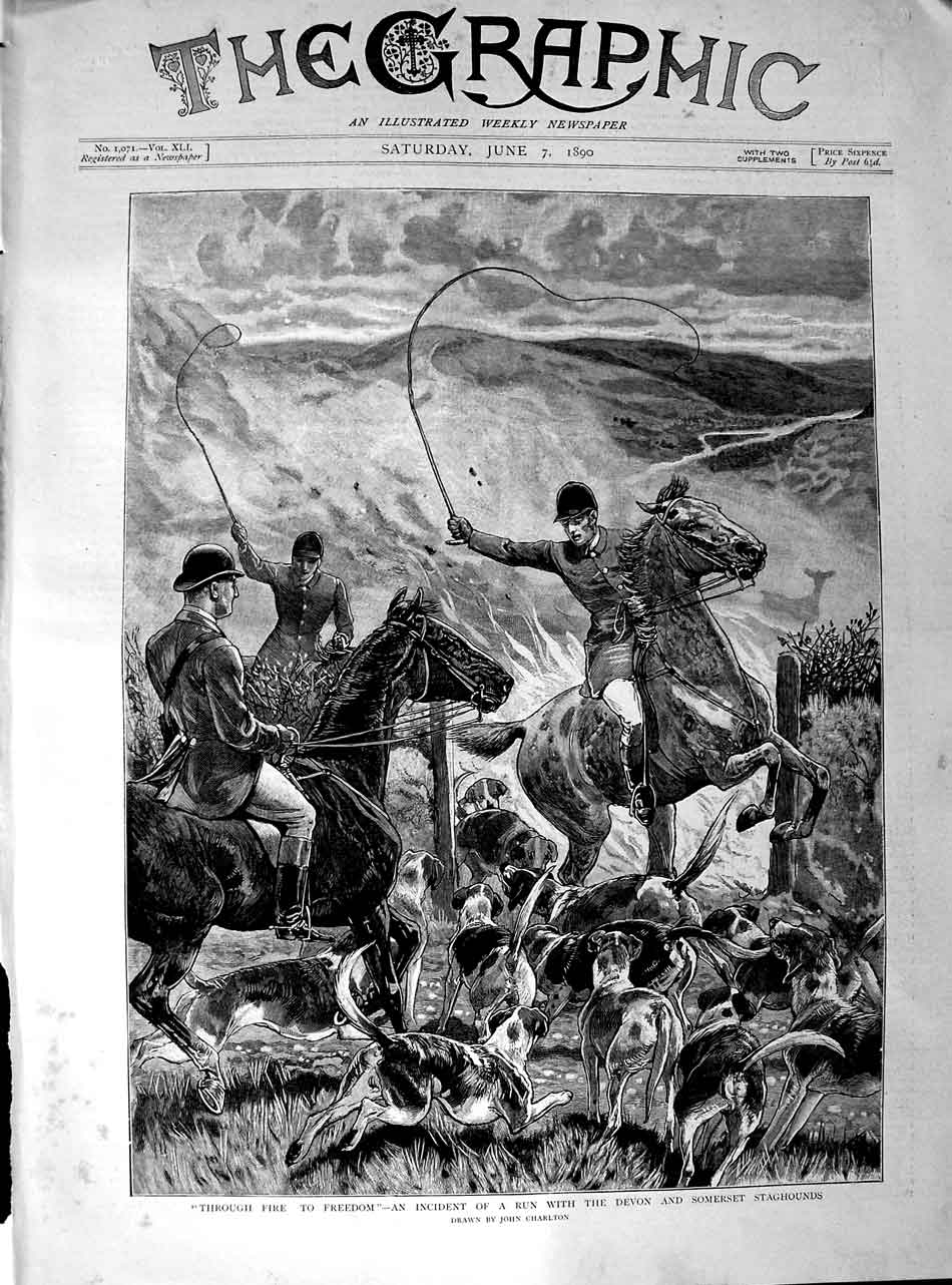 Original Old Antique Print 1890 Fire Devon Somerset Staghounds Hunting Horses