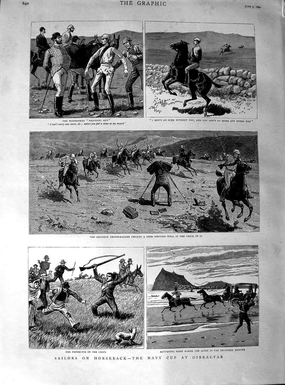 Original Old Antique Print 1890 Sailors Navy Cup Gibraltar Horses Sport 19th