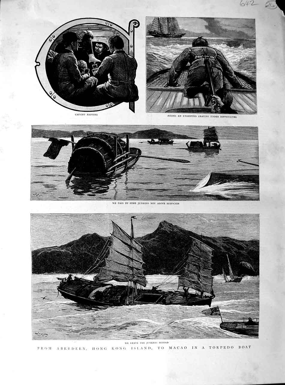 Original Old Antique Print 1890 Torpedo Boat Aberdeen Hong Kong Junkers F 19th